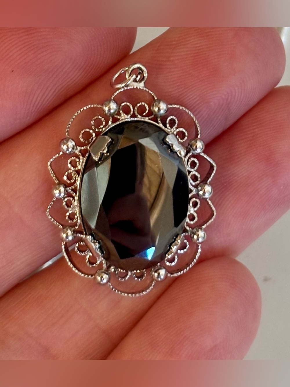 Vintage Sorrento 925 Sterling Silver Filigree Hematite Pendant Necklace Gift Bag